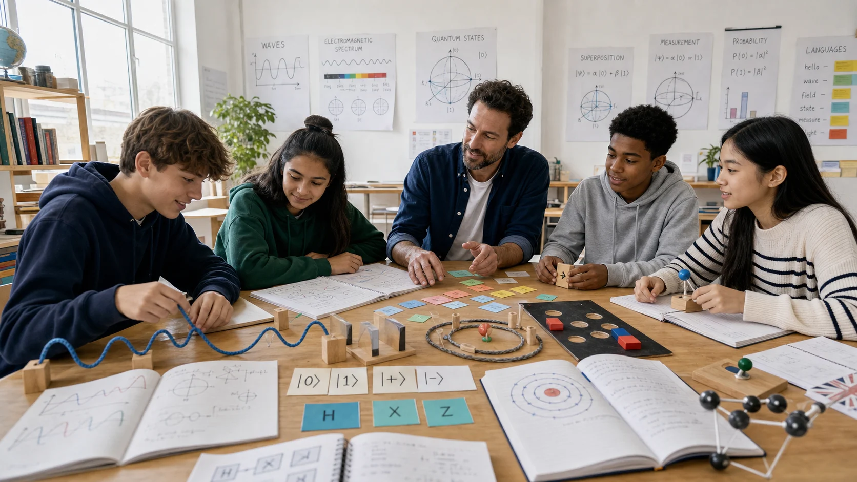 Secondary-school students learning science and languages with a tutor, using physical models, cards and classroom props